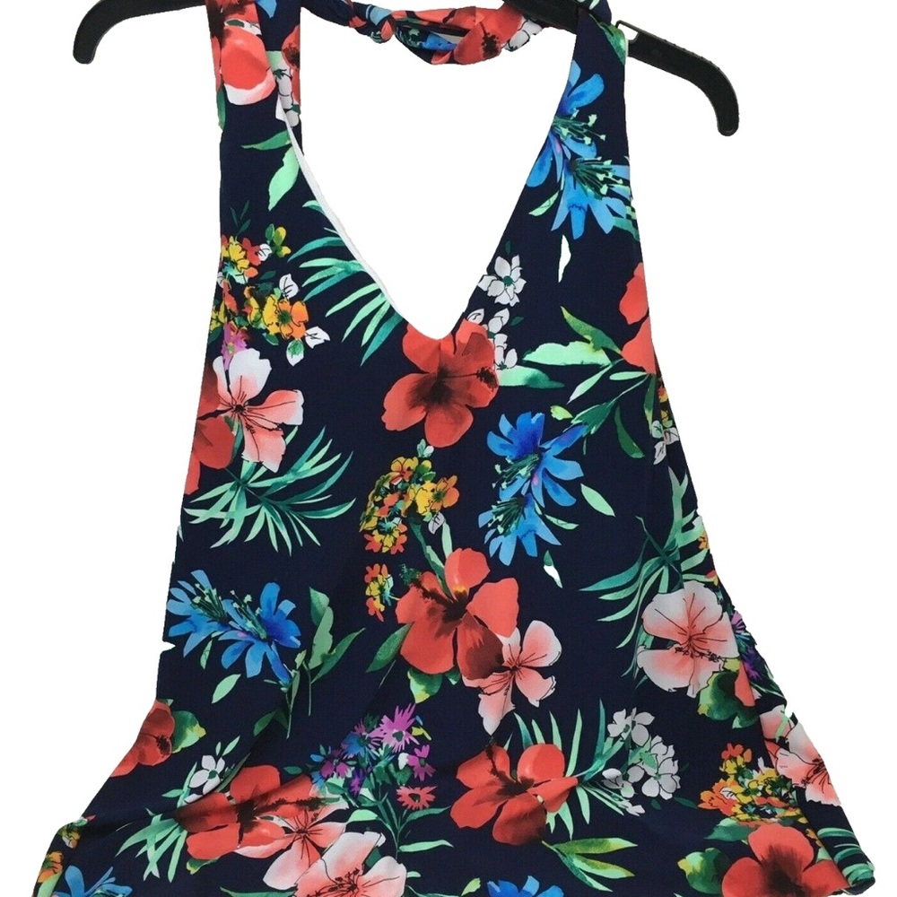 Trimshaper Halter Tankini Top Bathing Suit Navy Blue Multi NWT Swimwear Sz 18